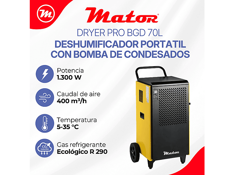 Deshumidificador - Mator Dryer Pro BGD1702-X01 – 70 L/día – con bomba de condensados, 1,000 m³, Negro