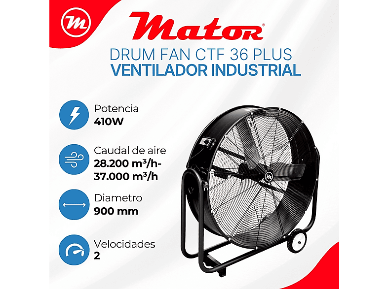 Ventilador de suelo - Mator DRUM FAN CTF 36 PLUS SFDI1-900BT0 – 900 mm – 410W, Barcelona velocidades, Negro