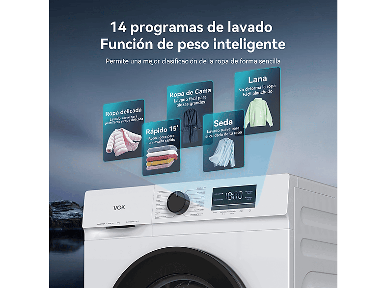 Lavadora de carga frontal - Vok EVW-12BAW12, Motor Inverter, 12 kg, 1200 rpm, 14 programas, Blanco