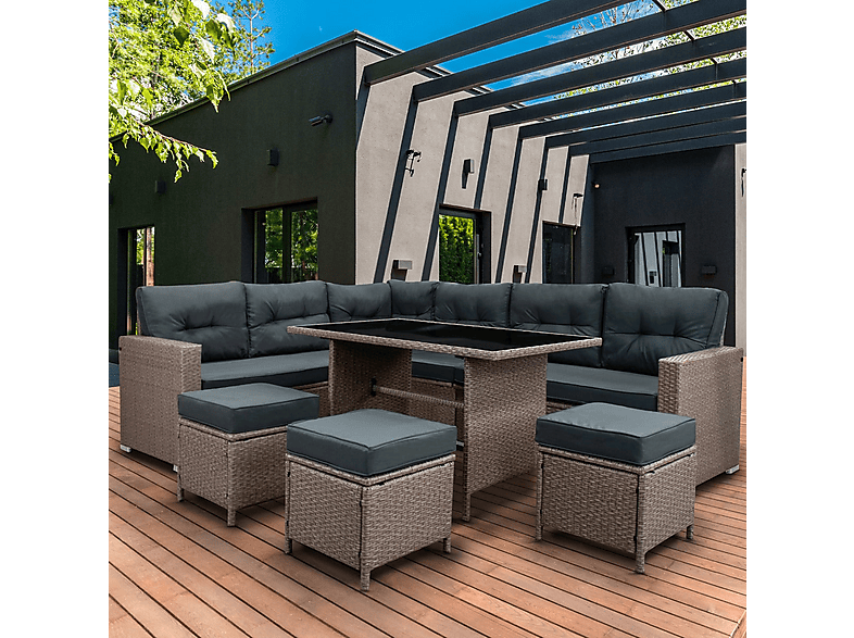 Conjunto de jardín - Monster Esquinero de Ratán 9 plazas - Gris, 240 cm x 180 cm x 70 cm