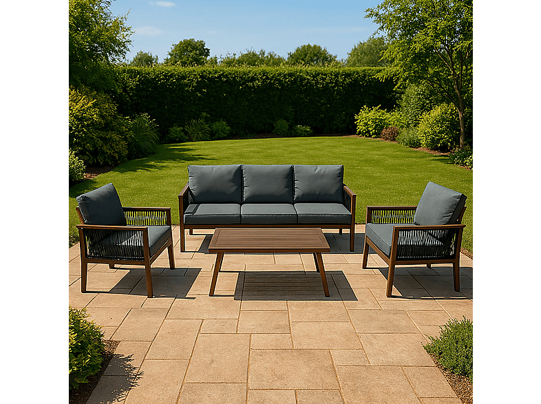 Conjunto de jardín - Monster Aluminio 5 plazas Efecto Madera + Caja en ratán Negro, 201 cm x 82 cm x 75 cm, Marrón