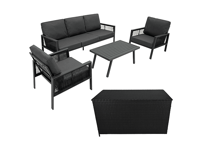 Conjunto de jardín - Monster De aluminio 5 plazas Antracita + Caja en ratán Negro, 201 cm x 82 cm x 75 cm, Gris