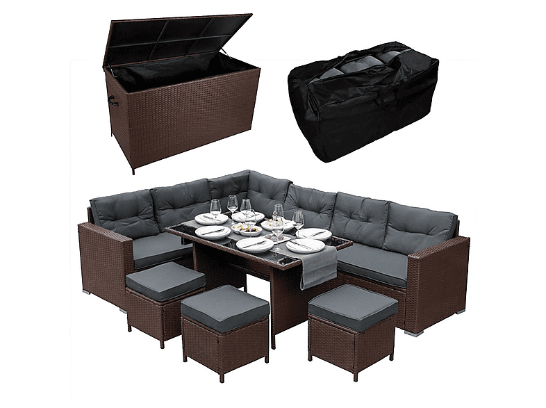 Conjunto de jardín - Monster Comedor de Ratán y Caja de Almacenamiento - Marrón, 240 cm x 180 cm x 70 cm