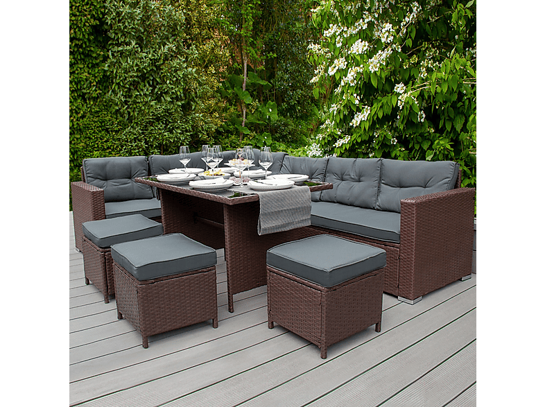 Conjunto de jardín - Monster Comedor de Ratán y Caja de Almacenamiento - Marrón, 240 cm x 180 cm x 70 cm
