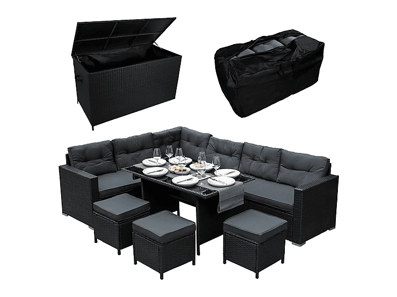 Conjunto de jardín - Monster Comedor de Ratán y Caja de Almacenamiento - Negro, 240 cm x 180 cm x 70 cm