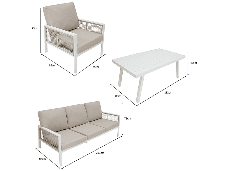 Conjunto de jardín - Monster De aluminio 5 plazas (4 piezas) -Blanco, 201 cm x 82 cm x 75 cm, Blanca