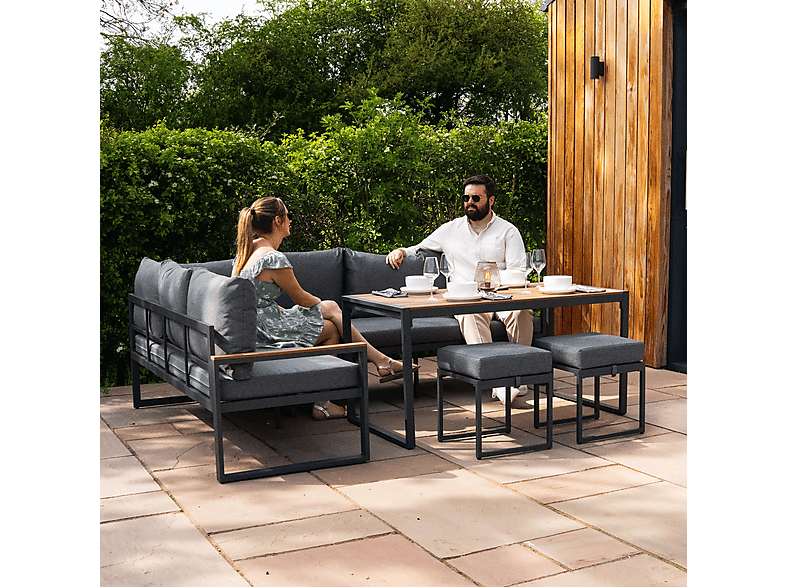 Conjunto de jardín - Monster Esquinero de aluminio Efecto Madera + Caja en ratán negro, 241 cm x 173,5 cm x 66 cm, Marrón