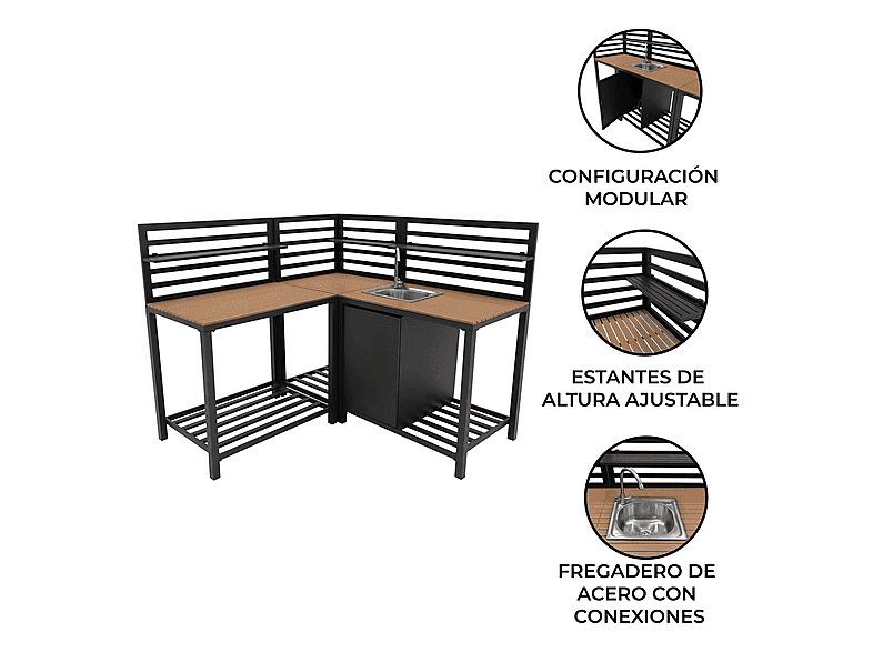 Mueble de cocina - Monster De exterior Modular Aluminio y Madera de 3 Piezas, 240 cm x 61,5 cm x 127,5 cm, Gris