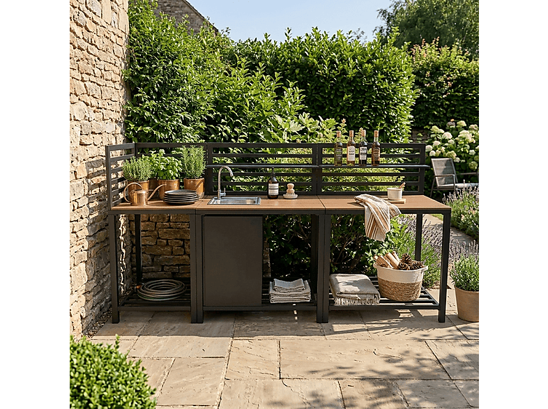Mueble de cocina - Monster De exterior Modular Aluminio y Madera de 3 Piezas, 240 cm x 61,5 cm x 127,5 cm, Gris