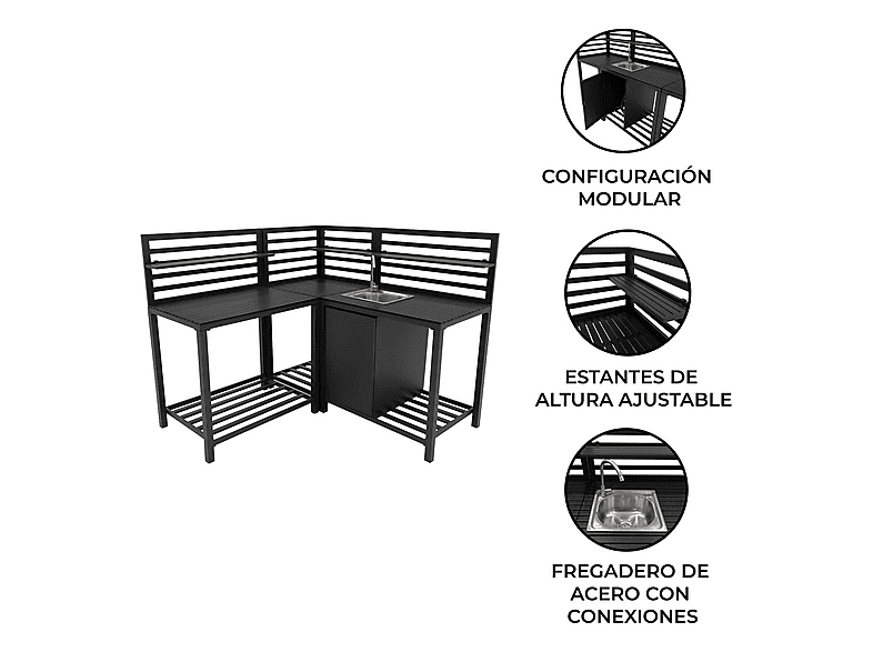 Mueble de cocina - Monster Exterior Modular de Aluminio con fregadero - Set de 3 piezas, 240 cm x 61,5 cm x 128 cm, Gris