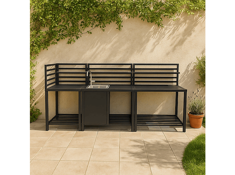 Mueble de cocina - Monster Exterior Modular de Aluminio con fregadero - Set de 3 piezas, 240 cm x 61,5 cm x 128 cm, Gris