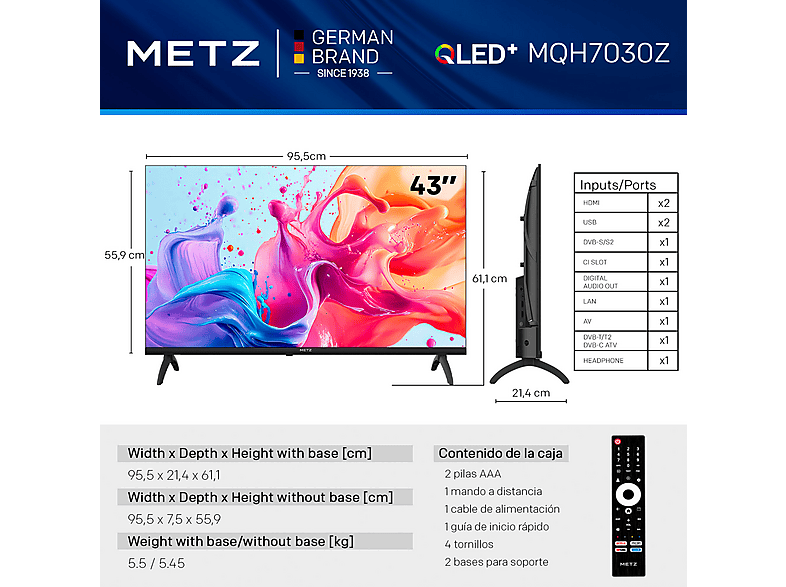 TV QLED 43" - Metz 43MQH7030Z, Full-HD, Smart TV, DVB-T2 (H.265), Negro