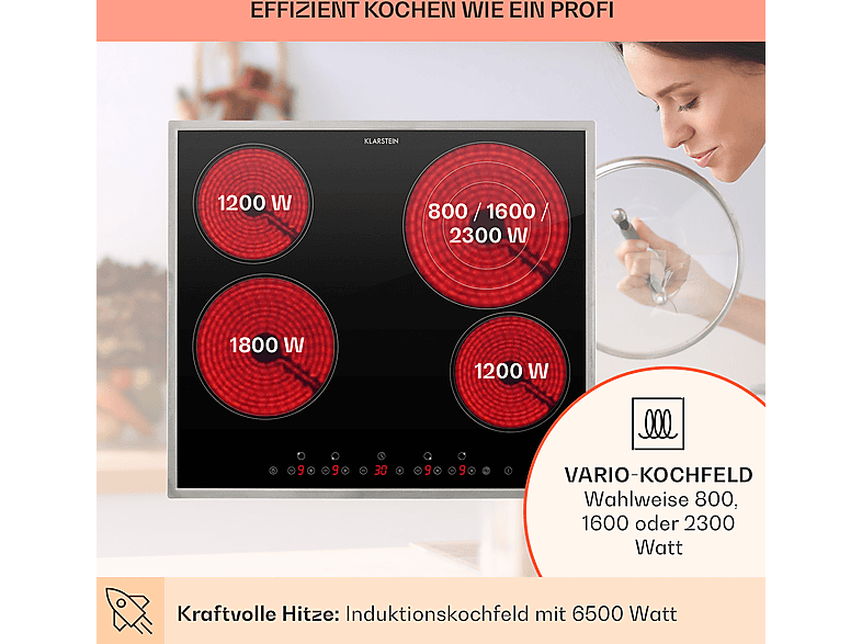 Placa de vitrocerámica - Klarstein Virtuosa 4 Prime, 4 zonas, 59 cm, Negro