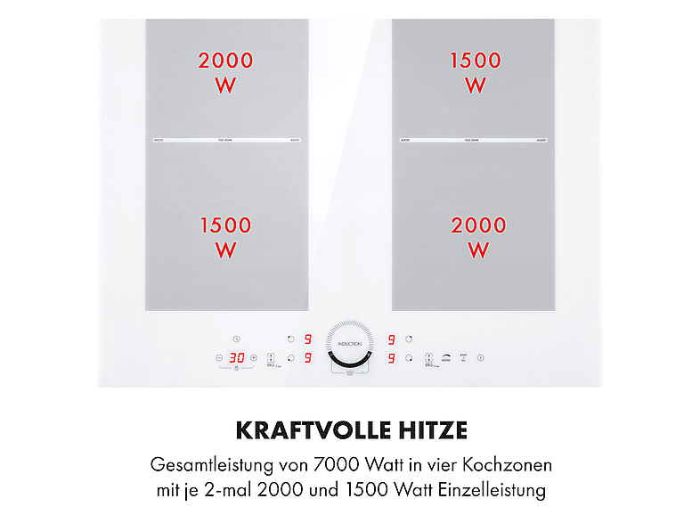 Placa de inducción - Klarstein Delicatessa 60, 4 zonas, 59 cm, Vidrio Blanco