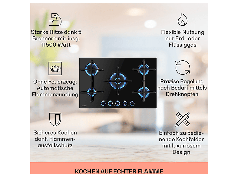 Placa de gas - Klarstein Illuminosa 5, 5 zonas, 76 cm, Negro