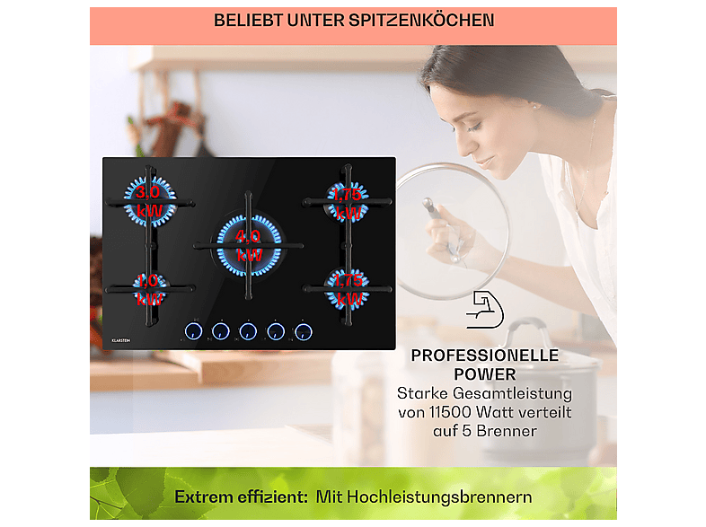 Placa de gas - Klarstein Illuminosa 5, 5 zonas, 76 cm, Negro