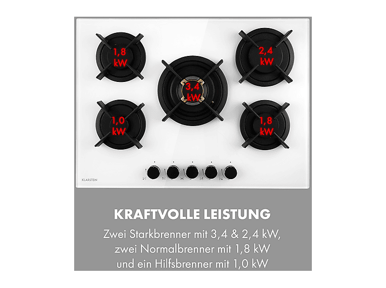 Placa de gas - Klarstein Goldflame 5, 5 zonas, 70 cm, Blanco