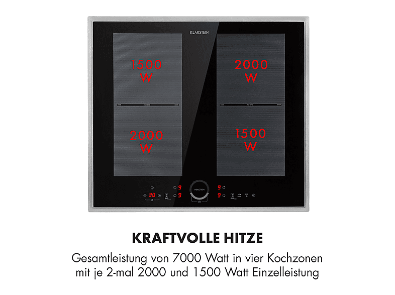 Placa de inducción - Klarstein Delicatessa 60 Prime, 4 zonas, 59 cm, Negro / Plata Metálica
