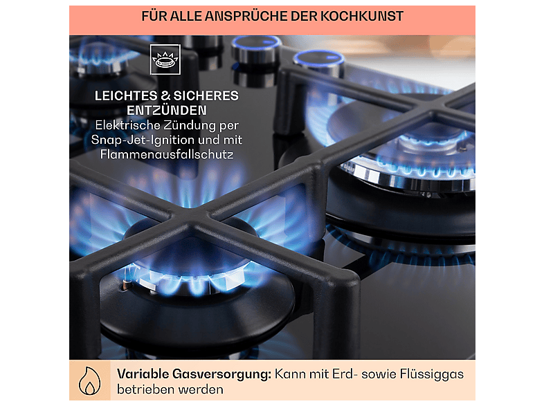 Placa de gas - Klarstein Illuminosa 4, 4 zonas, Gas natural y gas licuado, 59 cm, Negro