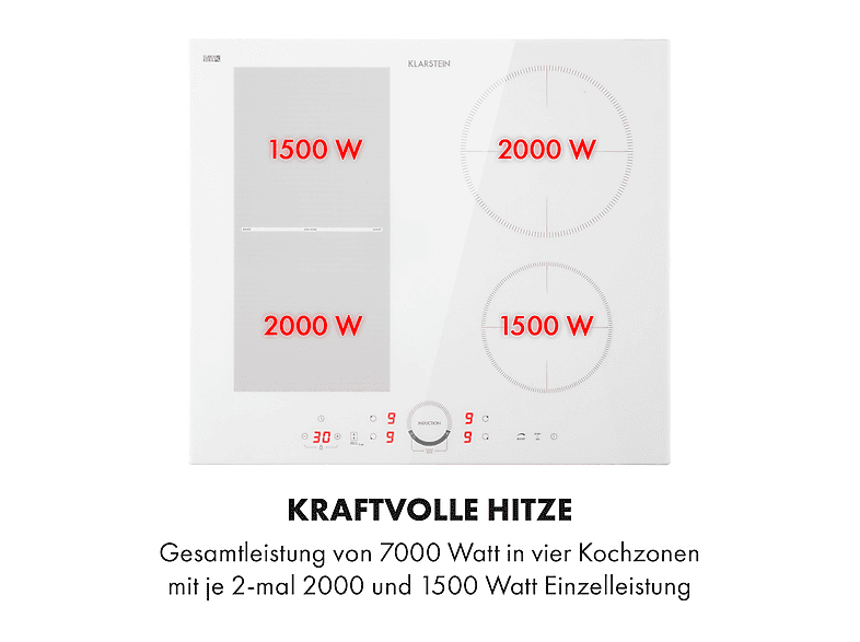 Placa de inducción - Klarstein Delicatessa 60 Hybrid, 4 zonas, 59 cm, Vidrio Blanco