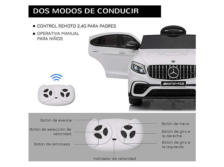 Coche Eléctrico Infantil - Homcom +3 años, mando, música, luces, doble apertura, 12V, batería