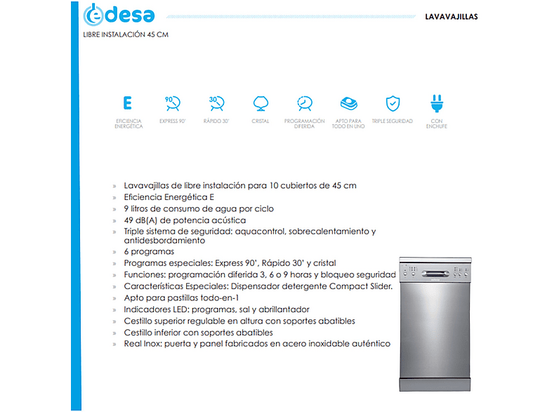Lavavajillas Libre instalacion 45 cm - Edesa EDW-4610 X, 10 servicios, 6 programas, 44,8 cm, Acero inoxidable