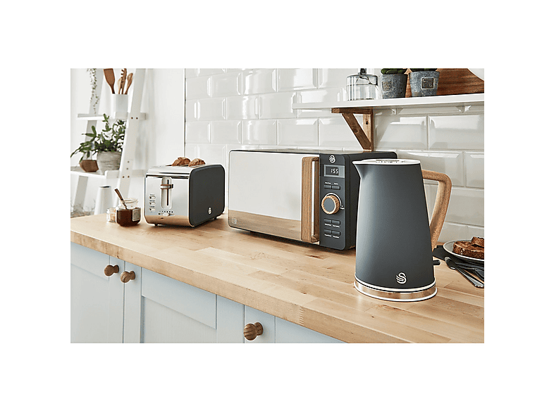 Set Desayuno - Swan STRP1060GRYNEU, Nordic Set Desayuno, Hervidor Agua 1,7L, Tostadora  2 rebanadas, Microondas 20L Digi, 2200 W, 2 ranuras, Gris