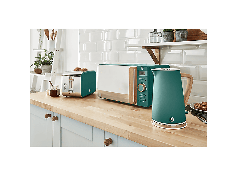 Set Desayuno - Swan STRP1060GRENEU, Nordic Set Desayuno, Hervidor Agua 1,7L, Tostadora  2 rebanadas, Microondas 20L Digi, 2200 W, 2 ranuras, Verde