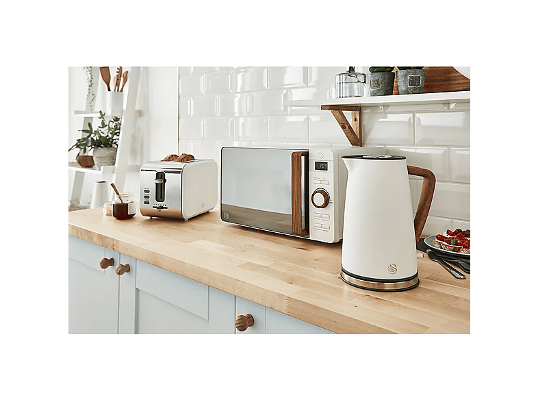 Set Desayuno - Swan STRP1060WHTNEU, Nordic Set Desayuno, Hervidor Agua 1,7L, Tostadora  2 rebanadas, Microondas 20L Digi, 2200 W, 2 ranuras, Blanco