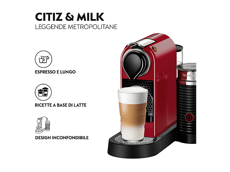 Cafetera de cápsulas - Krups Nespresso Citiz & Milk XN7615, 19 bar, 1260 W, Rojo