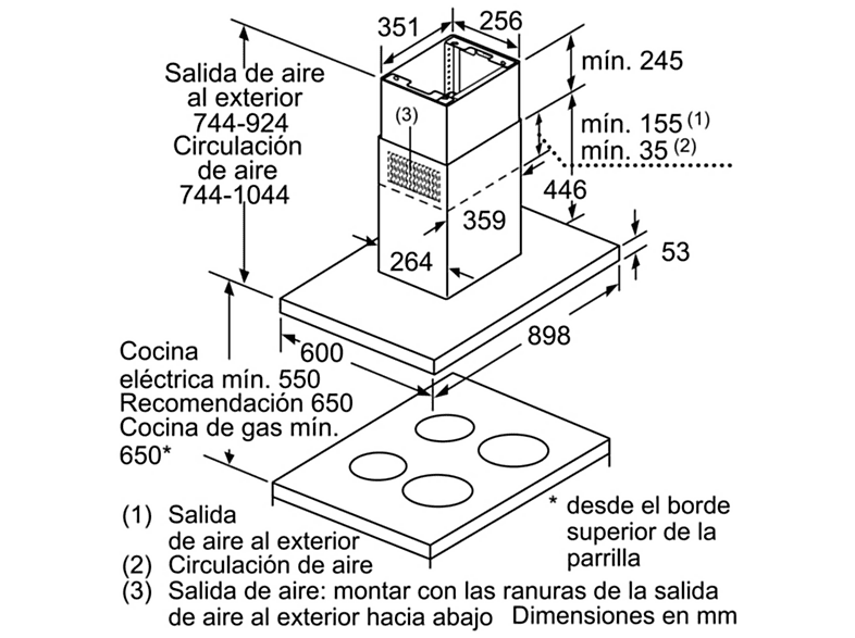 Campana de isla - Bosch DIB97IM50, 3 velocidades, 754 m³/h, 898 mm, Inox