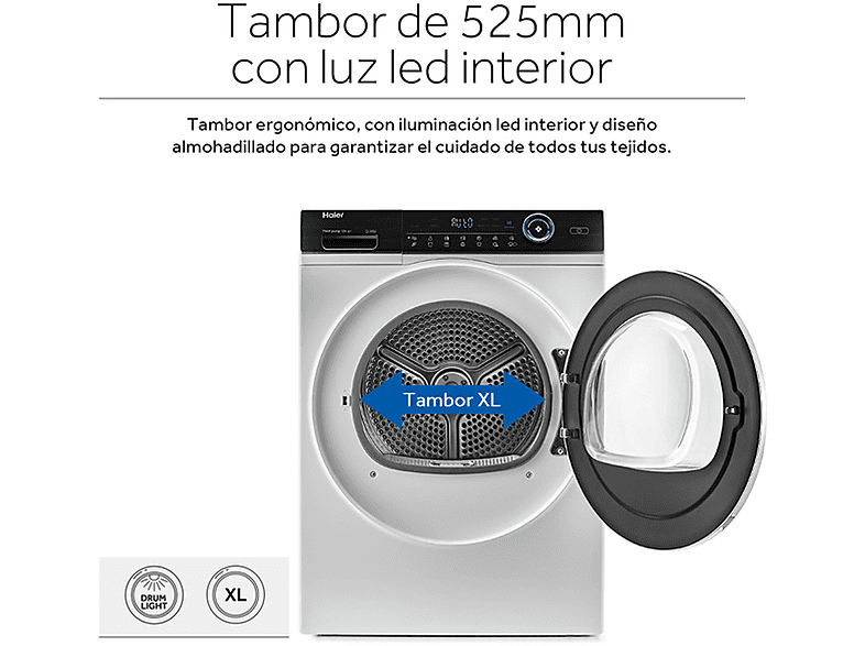 Secadora - Haier HD100A2979S, Bomba de calor, 10 kg, 14 programas, Blanco