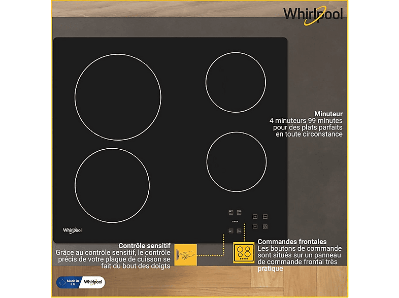 Encimera vitrocerámica - Whirlpool AKT 8090 /NE, 4 zonas, 580 mm, Negro