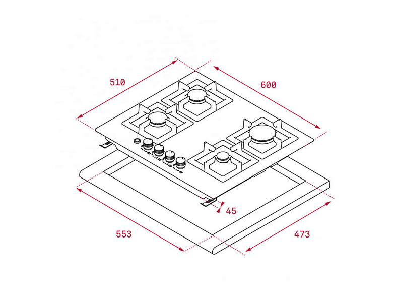 Placa de gas - Teka Teka EFX 60.1 4G AI AL DR CI BTN SS INOX - Encimera De Gas 4 Zonas Coccion Ancho 60 Cm, 4 Zonas Coccion zonas, Gas butano, 600 mm